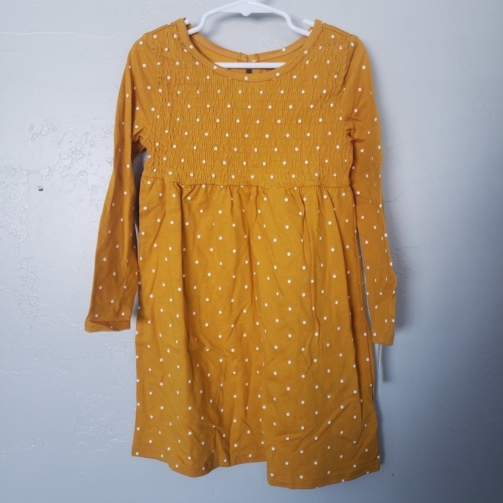 Carter's NWT Toddler Girl 5T Mustard Golden Yellow Long Sleeve Dress White Dots